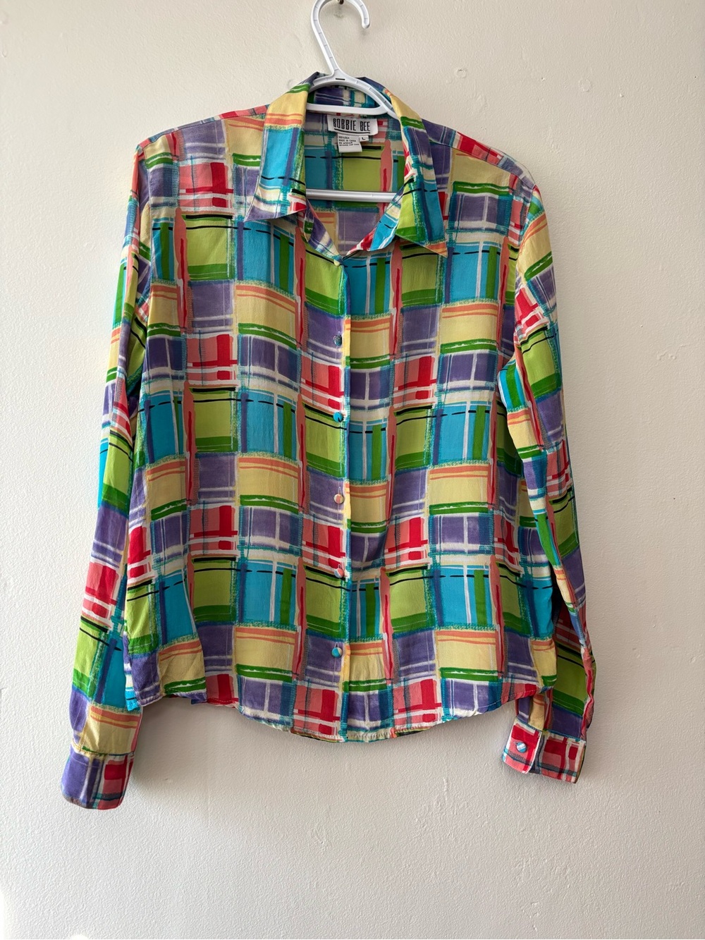 Vintage Robbie Bee 100% Silk Abstract Plaid Button Front Blouse L Colorful